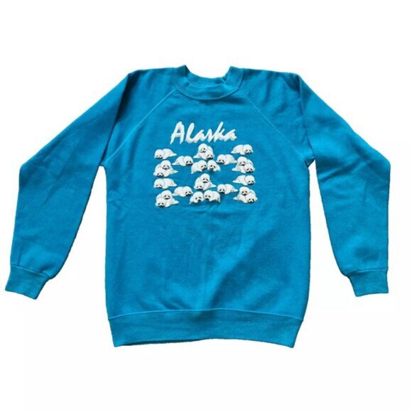 Alaska Baby Seal Sweatshirt Top Vintage 90s Puff Print Blue Made in USA - Picture 3 of 8